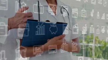 Çeşitli doktorların hastanede iş görüşmesi üzerine iş ikonlarının canlandırılması. Küresel tıp, sağlık, bilgisayar ve dijital arayüz kavramı dijital olarak oluşturulmuş video.