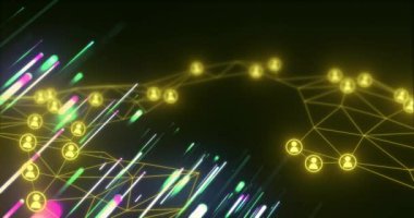 Işık yollarının üzerinde insanlarla bağlantı kuran simgelerin canlandırılması. Dijital olarak oluşturulmuş küresel bağlantılar, hesaplama ve veri işleme kavramı.