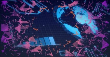 Bağlantılar ve dünya üzerinde dijital veri işleme animasyonu. Dijital olarak oluşturulmuş küresel bağlantılar, hesaplama ve veri işleme kavramı.