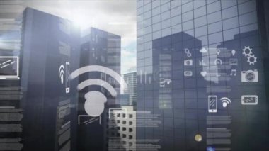 Modern binalarla şehir manzarası üzerinde dijital veri analizi animasyonu. Teknoloji, kentsel, ufuk çizgisi, geleceksel, yenilik, bilgi