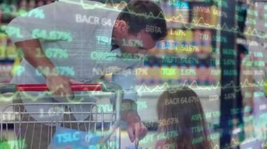 Süpermarketten alışveriş yapan insanların mali verileri ve borsa animasyonları. Finans, ekonomi, veri görselleştirme, ekonomi, tüketici davranışı, perakende satış