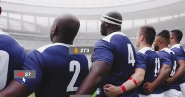 Çeşitli ragbi oyuncuları üzerinde simge ve veri işleme animasyonları. Küresel spor, rekabet, bağlantılar, hesaplama ve veri işleme kavramı dijital olarak oluşturulmuş video.