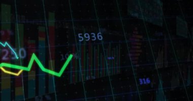 Siyah zemin üzerinde istatistik ve dijital veri işleme animasyonları. Dijital olarak oluşturulmuş küresel bağlantılar, hesaplama ve veri işleme kavramı.