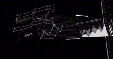 Veri işleme ve siyah arkaplan diyagramlarının animasyonu. Teknoloji, iş ve dijital arayüz kavramı dijital olarak oluşturulmuş video.