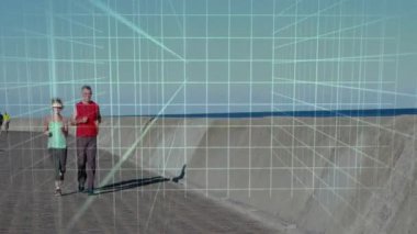 Deniz kenarında koşu yapan çift, gökyüzü üzerinde geometrik çizgilerle egzersiz yapıyor. Fitness, egzersiz, animasyon, sağlıklı yaşam tarzı, açık hava, kıyı şeridi