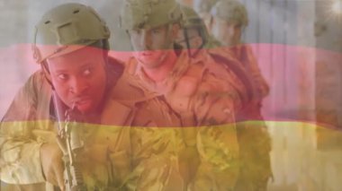 Çeşitli silahlı askerler üzerinde Alman bayrağının canlandırılması. Silahlı kuvvetler, savaş, çatışma, vatanseverlik ve savunma konsepti dijital olarak oluşturulmuş video.