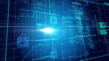 Asma kilit üzerinde veri işleme animasyonu. Bilim, teknoloji ve dijital arayüz kavramı dijital olarak oluşturulmuş video.