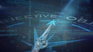 Veri işleme üzerinde metinler ve siyah arkaplan üzerinde bağlantılar ağı ile pusula animasyonu. Küresel iş, bilgisayar ve dijital arayüz kavramı dijital olarak oluşturulmuş video.