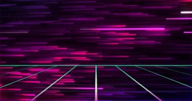 Işık izlerinin üzerindeki neon desenlerin animasyonu. Küresel renk, ışık, dijital arayüz, iletişim, hesaplama ve veri işleme kavramı dijital olarak oluşturulmuş video.