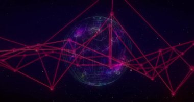 Siyah arkaplanda bağlantı ağı ve dünya animasyonu. Sosyal medya, şekiller ve dijital arayüz konsepti dijital olarak oluşturulmuş video.
