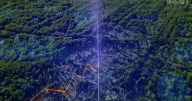 Finansal veriler ve grafikler orman manzarasının havadan görünüşü üzerinde. Finans, analiz, çevre, ekonomi, teknoloji, dijital