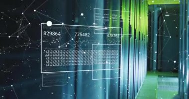 Sunucu odasındaki veri işleme ve şekillerin animasyonu. İş, teknoloji ve dijital arayüz kavramı dijital olarak oluşturuldu.