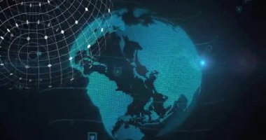 Dünya haritasında kara arkaplan üzerindeki dünya bağlantılarının animasyonu. Küresel teknoloji, bağlantılar, hesaplama ve dijital arayüz kavramı dijital olarak oluşturulmuş video.