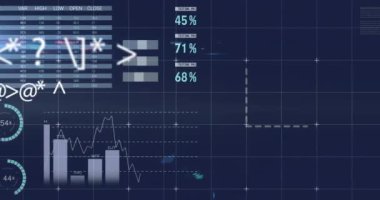 Siyah arka planda istatistik ve veri işleme animasyonu. Küresel finans, iş, bağlantılar, hesaplama ve veri işleme kavramı dijital olarak oluşturulmuş video.