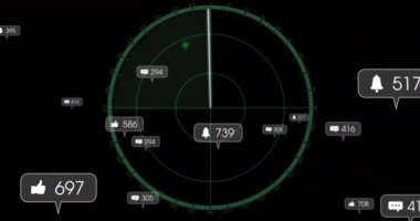 Sosyal medya bildirimleri ve beğeni ile Radar ekran animasyonu. Gözlem, teknoloji, arayüz, müdahale, alarmlar, UI