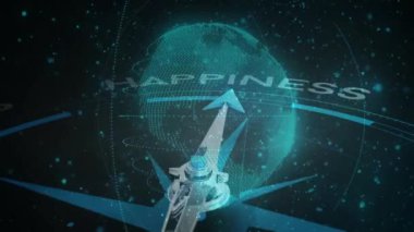 Dünya çapında pusula ve mutluluk metninin animasyonu. Seyahat, teknoloji ve dijital arayüz konsepti dijital olarak oluşturulmuş video.