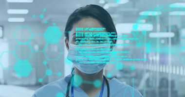 Tıbbi veriler ve moleküler yapılar hastanedeki sağlık hizmetleri uzmanı üzerine animasyon. tıp, teknoloji, analiz, dijital, araştırma, bilim