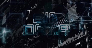 Veri işleme ve diyagramlarının animasyonu siyah arkaplandaki büyük veri metni üzerinde. Teknoloji, iş ve dijital arayüz kavramı dijital olarak oluşturulmuş video.