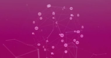 Pembe arkaplandaki simgelerle bağlantı ağının animasyonu. İş, teknoloji ve dijital arayüz kavramı dijital olarak oluşturuldu.