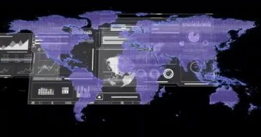 Dünya haritası üzerinde veri işleme ve diyagramların animasyonu. Küresel iş ve dijital arayüz kavramı dijital olarak oluşturulmuş video.