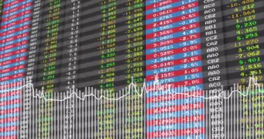 Finansal veriler ve borsa analizleri grafik çizgilerinde dalgalanma gösteriyor. Maliye, istatistik, ekonomi, yatırım, ticaret, eğilim