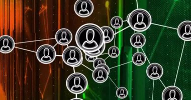 Bilgisayar sunucuları üzerinden insan simgeleri ve veri işleme bağlantılarının canlandırılması. Dijital olarak oluşturulmuş küresel bağlantılar, hesaplama ve veri işleme kavramı.