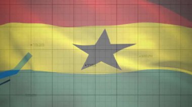 Gana bayrağı üzerinde finansal veri işleme animasyonu. Küresel iş, finans, bilgisayar ve dijital arayüz kavramı dijital olarak oluşturulmuş video.