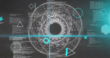 Gri üzerinde dönen şekillerin ve 3D ağ ve veri işleme üzerine mavi tarayıcı ışınlarının görüntüsü. Bağlantı, veri, ai, işleme, dijital arayüz ve iletişim, dijital olarak oluşturulmuş görüntü.