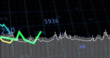 Karanlık arka planda finansal veri işleme sistemi animasyonu. Küresel finans, iş, bağlantılar, hesaplama ve veri işleme kavramı dijital olarak oluşturulmuş video.