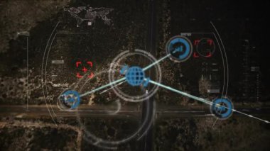 Ağ bağlantılarıyla hava manzarası üzerinden veri animasyonu analiz ediliyor. Teknoloji, veri analizi, ağ oluşturma, bağlantı, dijital, görselleştirme