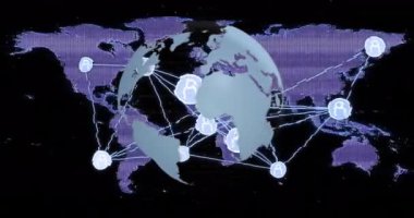 Veri işlemenin animasyonu ve dünya haritası üzerindeki bağlantılar ve siyah arkaplan üzerindeki dünya. Küresel teknoloji, bağlantılar, hesaplama ve dijital arayüz kavramı dijital olarak oluşturulmuş video.