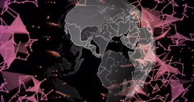 Siyah arka plandaki bağlantıların ve dijital veri işlemenin animasyonu. Dijital olarak oluşturulmuş küresel bağlantılar, hesaplama ve veri işleme kavramı.