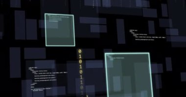 Karanlık arka planda dijital veri işleme ve ekranların animasyonu. İş, bağlantılar, hesaplama ve veri işleme kavramı dijital olarak oluşturulmuş video.