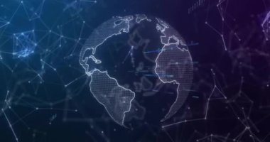 Hareket eden şekiller ve veri işleme üzerinde dönen dünyanın animasyonu. Küresel iş, teknoloji ve dijital arayüz kavramı dijital olarak oluşturulmuş video.