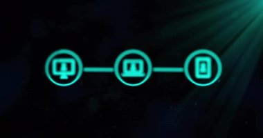 Işık yolları üzerinde medya simgelerinin canlandırılması. İş, teknoloji ve dijital arayüz kavramı dijital olarak oluşturuldu.