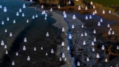 Bağlantılar ağı ve kıyı manzarası üzerindeki kullanıcı simgeleri canlandırması. communication, technology, digital, innovation, shore line, scenic