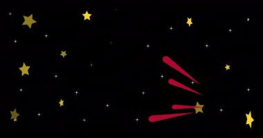 Yıldızların canlandırılması ve siyah arkaplanda kırmızı çizgiler. Şekiller, renkler ve arka plan konsepti dijital olarak oluşturulmuş video.