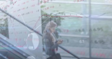 Kafkasyalı iş kadınıyla ilgili finansal veri işleme animasyonu. Küresel finans, iş, bağlantılar, hesaplama ve veri işleme kavramı dijital olarak oluşturulmuş video.