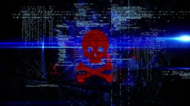 Kafatasının, kemiklerinin ve kara arkaplanda işlenen verilerin animasyonu. Dijital olarak oluşturulmuş küresel yapay zeka, bağlantılar, hesaplama ve veri işleme kavramı.