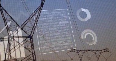 Elektrik direkleri üzerinde veri işleme animasyonu. Güç, ekoloji, bilgisayar ve dijital arayüz kavramı dijital olarak oluşturulmuş video.