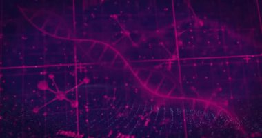 Siyah arka planda dönen DNA ipliği üzerinde dijital veri işleme animasyonu. Küresel bilim, bağlantılar, hesaplama ve veri işleme kavramı dijital olarak oluşturulmuş video.