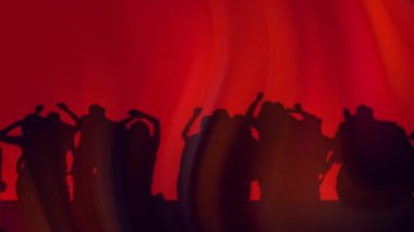 Kırmızı şekillerin üzerinde dans eden insanların siluetlerinin animasyonu. Retro, parti, teknoloji ve dijital arayüz kavramı dijital olarak oluşturulmuş video.