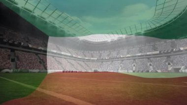 Boş stadyumun üzerinde kuveyt bayrağı canlandırması. Küresel spor, bayraklar ve dijital arayüz konsepti dijital olarak oluşturulmuş video.