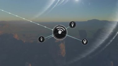Manzara üzerindeki simgelerle bağlantı ağının animasyonu. Sosyal medya, doğa ve dijital arayüz kavramı dijital olarak oluşturulmuş video.