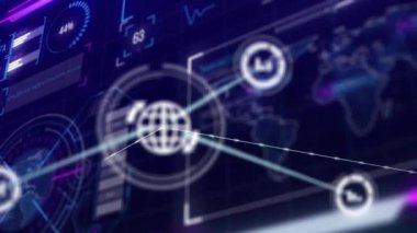 Dijital ekranlar ve grafikler üzerinden ağ bağlantıları ve veri işleme animasyonu. Teknoloji, bağlantı, görselleştirme