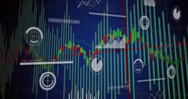 Mavi zemin üzerinde dijital veri işleme ve istatistiklerin animasyonu. Dijital olarak oluşturulmuş küresel bağlantılar, hesaplama ve veri işleme kavramı.