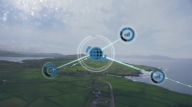 Manzara üzerindeki simgelerle bağlantı ağının animasyonu. Sosyal medya, doğa ve dijital arayüz kavramı dijital olarak oluşturulmuş video.