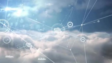 Grafik simgeleriyle bağlantı ağının animasyonu. Dijital olarak oluşturulmuş küresel bağlantılar, hesaplama ve veri işleme kavramı.