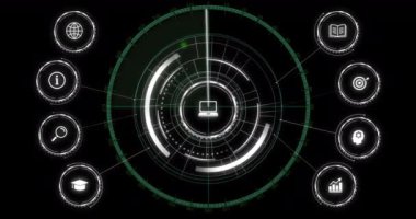 Siyah arkaplanda tarama kapsamı üzerinden simgeler ve veri işleme bağlantılarının canlandırılması. Dijital olarak oluşturulmuş küresel bağlantılar, hesaplama ve veri işleme kavramı.