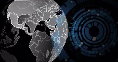 Dünya çapında tarama ve veri işleme alanlarının animasyonu. Dijital olarak oluşturulmuş küresel bağlantılar, hesaplama ve veri işleme kavramı.